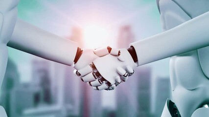 3D rendering hominoid robot handshake to collaborate future technology development by AI thinking brain, artificial intelligence and machine learning process for 4th industrial revolution. - Powered by Adobe