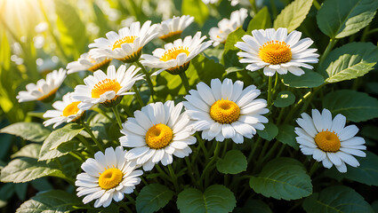 Obraz premium Close-up of white daisies blooming in a lush green garden bathed in sunlight