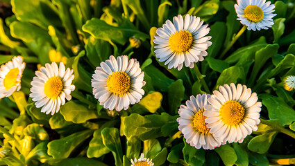 Fototapeta premium Close-up of several white daisies blooming in lush green foliage, bathed in sunlight