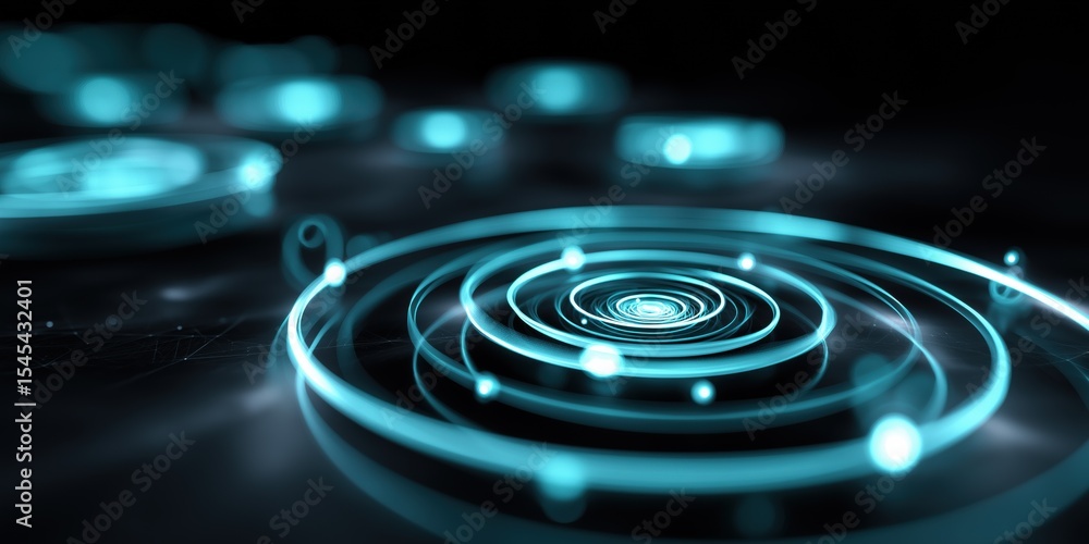 Poster a series of blue circles with a dark background. the circles are all different sizes and are arrange