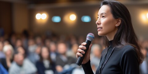 A woman is standing in front of a microphone, speaking to a large audience. The microphone is black and the woman is wearing a black shirt. The audience is made up of people of various ages