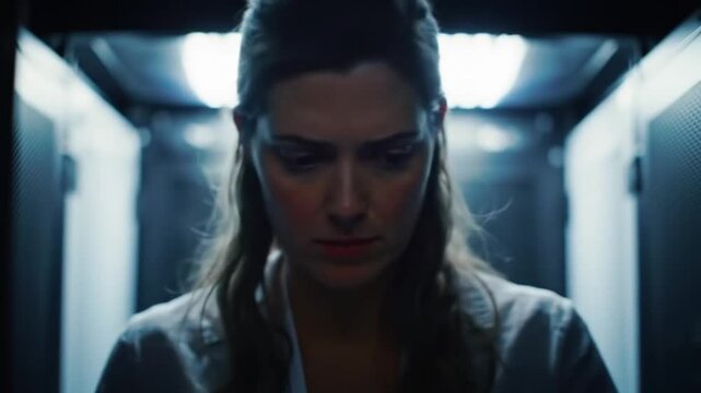 Serious female professional in server room, data center environment focus - Powered by Adobe