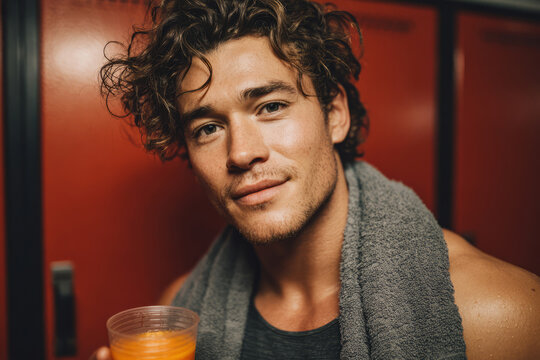 Fit man with towel and smoothie after workout in locker room