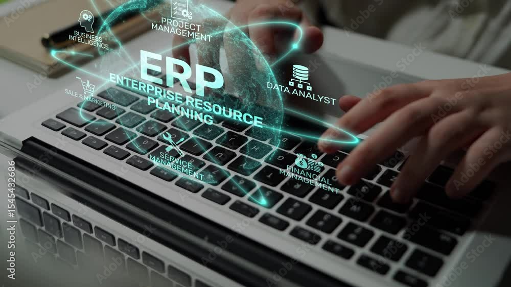 Poster erp platform visual showing centralized system for enterprise resource planning, improving integrati