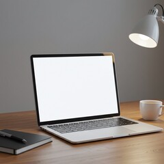 Modern Laptop Workspace Blank Screen, Desk Lamp, and Coffee