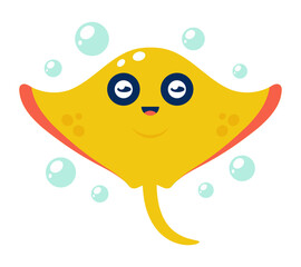 Cute cartoon smiling yellow stingray with bubbles. Vector illustration on white background.