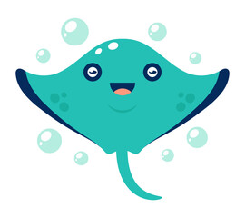 Cute cartoon smiling blue stingray with bubbles. Vector illustration on white background.