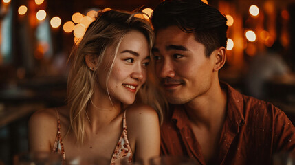 Romantic moment of a smiling Asian couple taken outdoors, showcasing love, happiness, and connection in natural daylight with soft tones and candid expressions. Generative AI