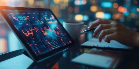 Digital tablet displaying financial data analytics with colorful graphs and charts, while a hand holds a pen, showcasing modern technology in a professional workspace