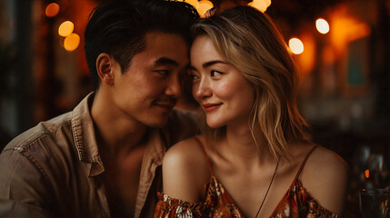 Romantic moment of a smiling Asian couple taken outdoors, showcasing love, happiness, and connection in natural daylight with soft tones and candid expressions. Generative AI