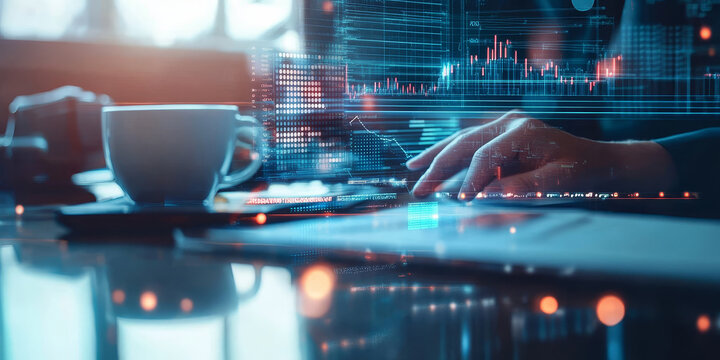 Business professional working on laptop with digital graphs and data analysis overlay, coffee cup nearby, showcasing modern workspace and technology integration in financial analysis