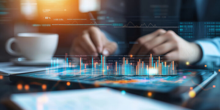 Business professional analyzing financial data on a tablet, with digital graphs and charts displayed, showcasing modern technology and analytical skills in a professional environment