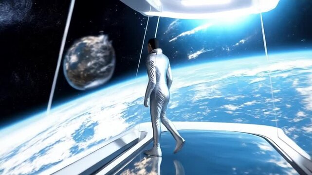 Astronaut walks through a futuristic spacecraft toward Earth in a breathtaking view of space and planets