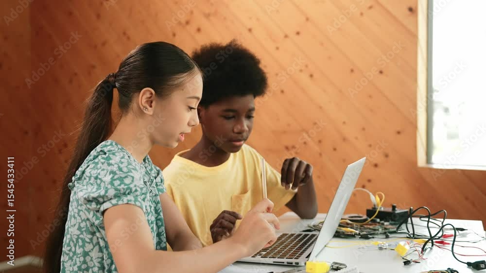 Poster site view of african boy and caucasian girl in casual cloth working together to coding prompt or pro