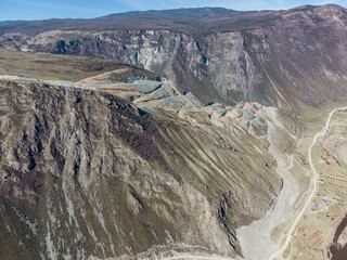 Construction of a new road to the Chulyshman River valley. Mountain pass Katu-Yaryk. Landscape. Mountain dangerous road.