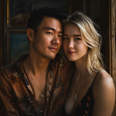 Smiling interracial couple outdoors, featuring an Asian man and a white woman embracing affectionately. Romantic moment captured in natural light for modern dating themes. Generative AI
