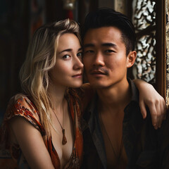 Smiling interracial couple outdoors, featuring an Asian man and a white woman embracing affectionately. Romantic moment captured in natural light for modern dating themes. Generative AI