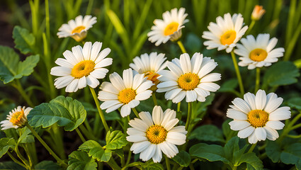 Obraz premium Close-up of several white daisies blooming in a lush green garden