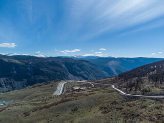 Construction of a new road to the Chulyshman River valley. Mountain pass Katu-Yaryk. Landscape. Mountain dangerous road.