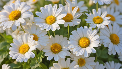 Fototapeta premium Close-up of numerous white daisies blooming in a garden setting, bathed in sunlight.