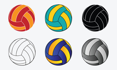 Set of Colorful Volleyball Balls, Line and Silhouette Vector Style on White Background
