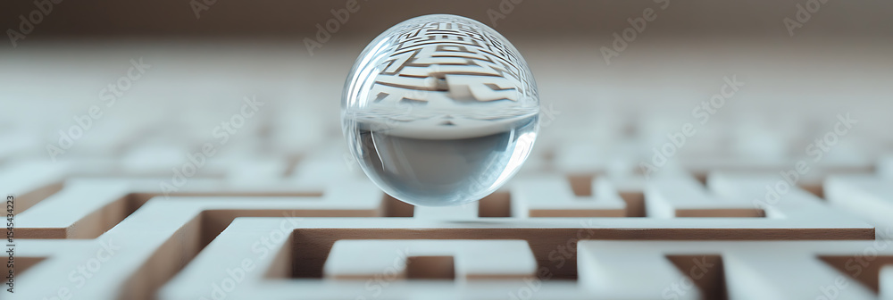 Poster navigating the maze: a reflective sphere floats above a complex labyrinth, symbolizing challenges an