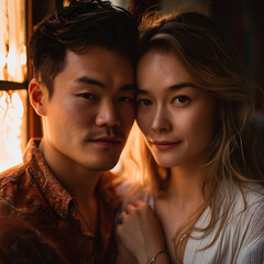 Happy mixed-race couple enjoying a sunny day outdoors, with an Asian man and white woman embracing and captured together, showcasing love, connection, and joy. Generative AI