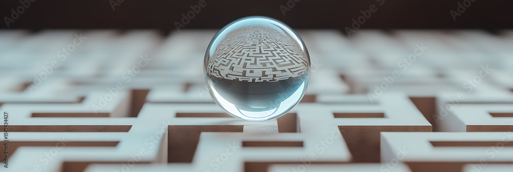 Poster maze in a sphere reflecting the path. conveys a complex journey, symbolizing challenges and solution