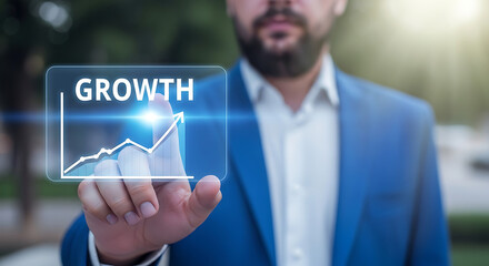 Businessman in blue suit interacts with a transparent screen displaying a growth graph, symbolizing progress and success in a modern outdoor setting.