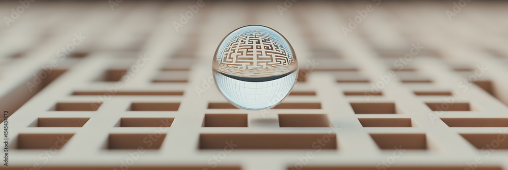 Poster maze in a sphere: a reflective challenge, pathfinding concept, showcasing complexity and perspective