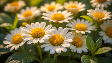 Obraz premium Close-up of white daisies with yellow centers in a garden setting, illuminated by sunlight