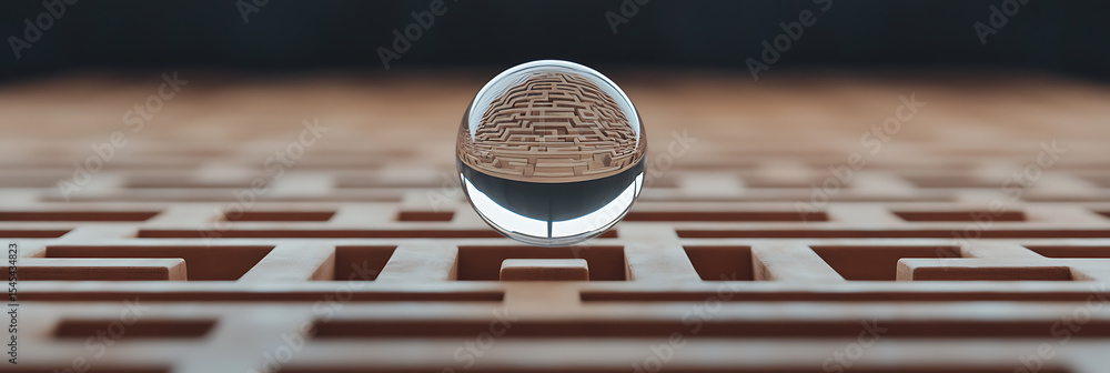 Poster labyrinth reflection: a glass sphere reflects an intricate maze, symbolizing complexity and perspect