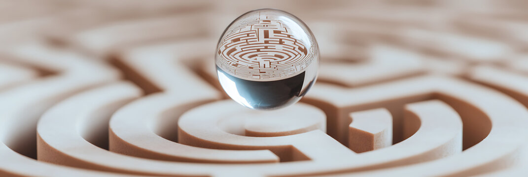 Navigating Complexity: A clear ball reflects the image of a maze. It symbolizes problem-solving, and strategic thinking in complex scenarios.