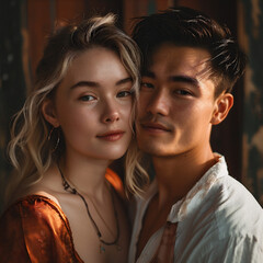 Interracial couple smiling in a warm outdoor setting, sharing a candid moment together. An affectionate bond between Asian male and white female partners captured naturally. Generative AI