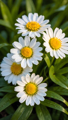 Fototapeta premium Close-up of four white daisies with yellow centers, glistening with dew drops in a lush green garden setting.