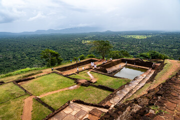 Stone ruins of the ancient fortress atop Sigiriya Rock, Sri Lanka—historic site with sweeping views and history