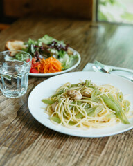 Light lunch with chicken vegetable spaghetti.