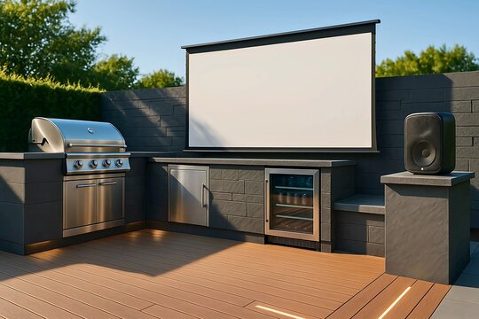 Modern outdoor kitchen with stainless grill mini fridge and projector screen under blue sky setup