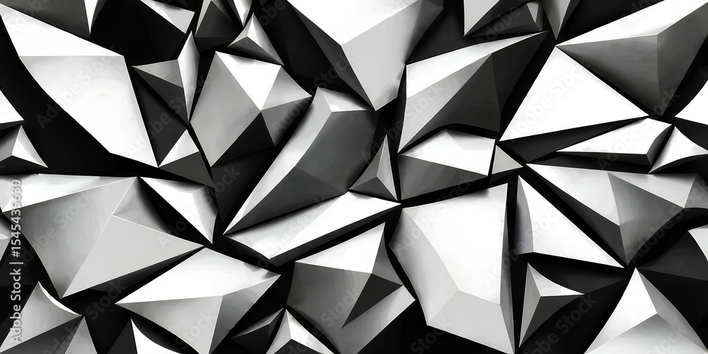 Poster a dynamic monochrome background featuring a geometric array of polygonal shapes and facets