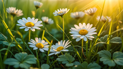 Fototapeta premium Close-up of daisies blooming in a sunlit meadow, vibrant green grass