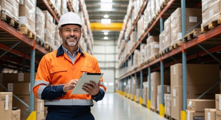 Smiling Mature Male Warehouse Manager or Supervisor with Tablet and Hard Hat