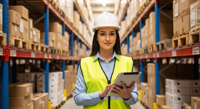 Young Female Engineer or Inspector in High-Visibility Vest and Hard Hat Holding Tablet in Warehouse