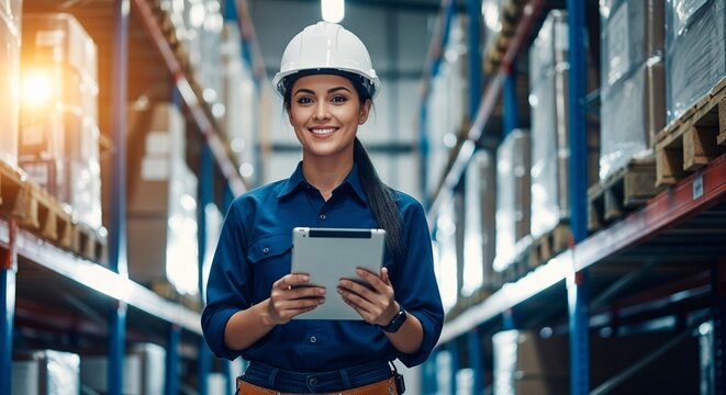 Confident Female Warehouse Worker with Tablet in Modern Logistics Center