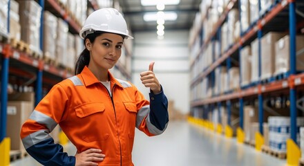 Confident Female Warehouse Worker in Overalls Giving Thumbs Up