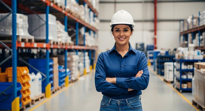 Confident Female Engineer in Hardhat with Arms Crossed in Industrial Warehouse