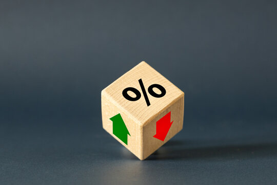 Economic and financial analysis, interest rates, stocks, bonds, ranking, mortgage, loan interest rates, stock market, shares, cryptocurrencies and gold. percent, up or down arrow symbol. copy space