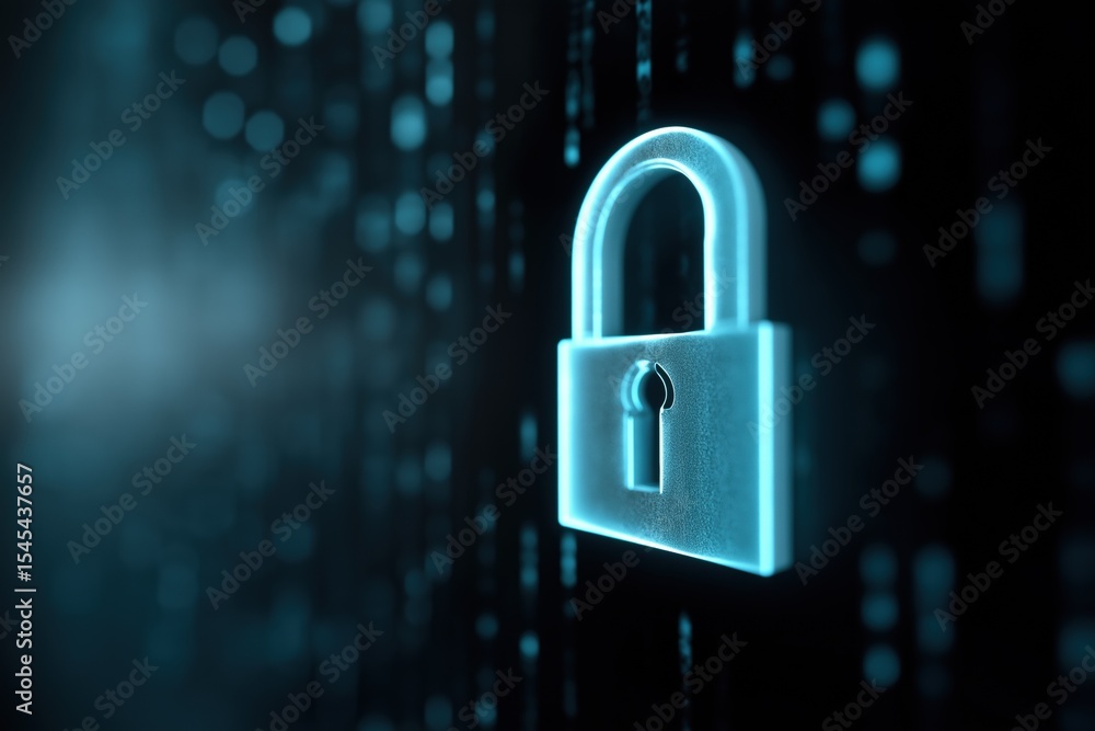 Poster a blue lock with a keyhole is shown in a dark background. the lock is glowing and he is a symbol of 