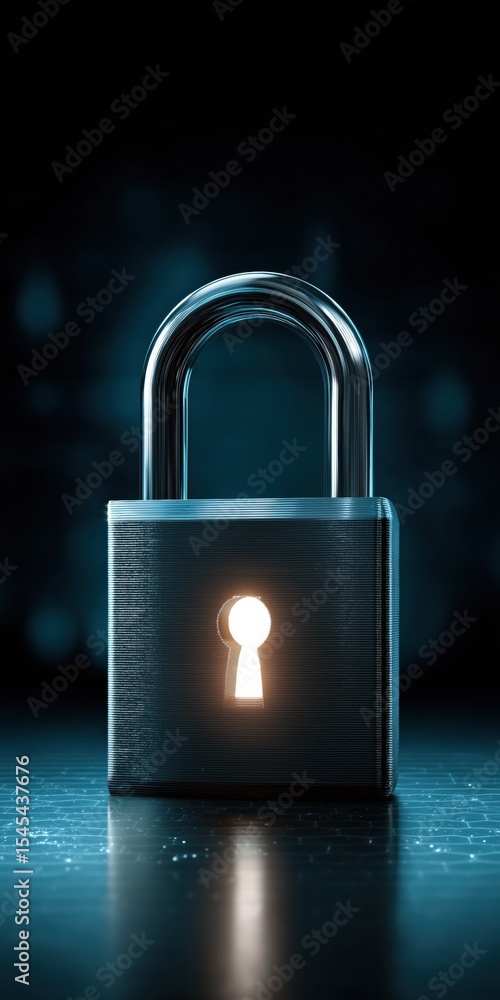 Poster a silver lock with a keyhole and a light shining through it. the lock is open, revealing the keyhole