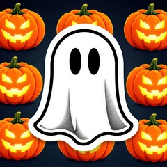 A retro cartoon Halloween ghost sticker, glowing pumpkin lanterns, vintage orange and black color palette4, perfect for festive seasonal designs and spooky party invitations.