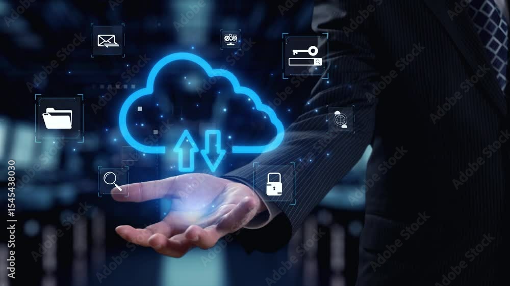 Poster dynamic representation of cloud computing technology featuring a businessman hand and glowing digita